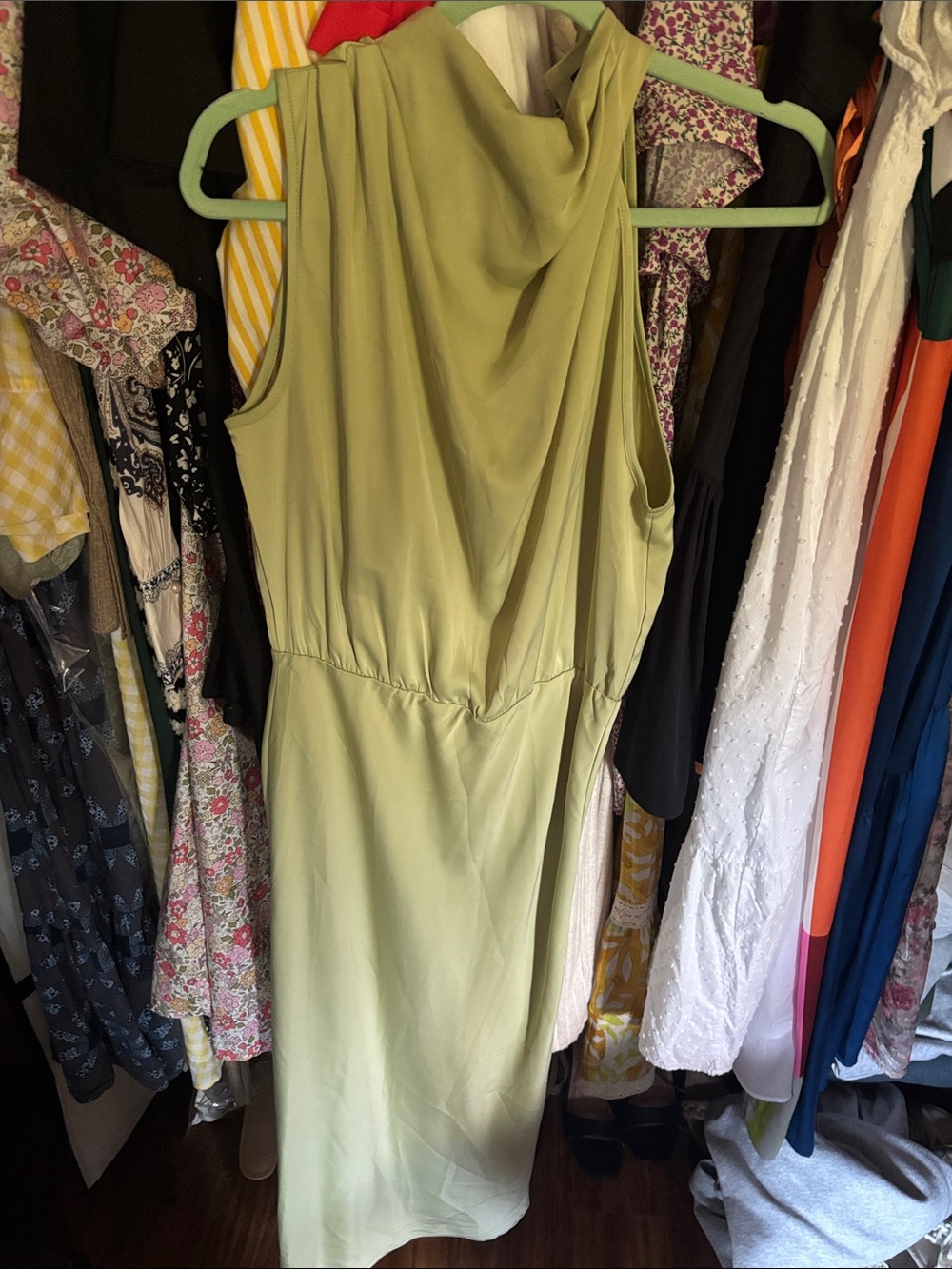 Sleeveless Olive Midi Dress with Draped Neckline